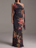 Vestido largo Negro Monospalla Estampado plisado en Gasa