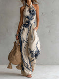 Mono Larga Beige a Estampado Acquerello con Cuello Halter y Tasche