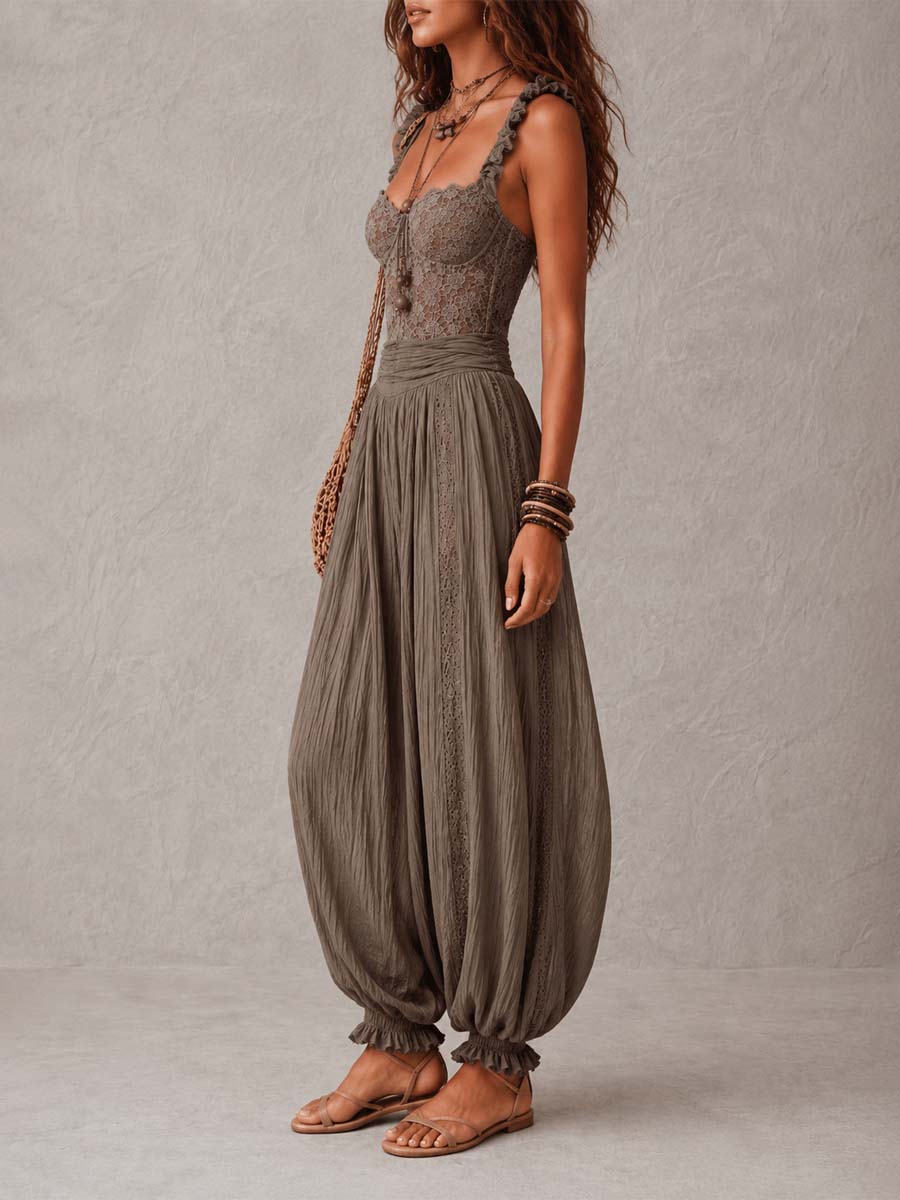 Wanda · Conjunto con Bandeau en Encaje Gris y Pantalones Harem Plissettati