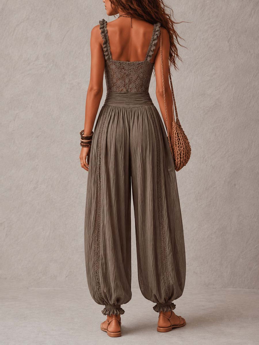 Wanda · Conjunto con Bandeau en Encaje Gris y Pantalones Harem Plissettati
