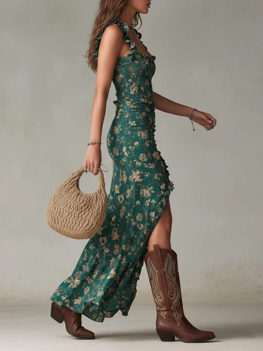 Vestido Maxi Bohemio Estampado Verde con Mangas a volantes