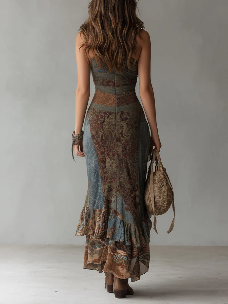 Vestido Maxi Monospalla Estampado Etnica con Spacco Alto