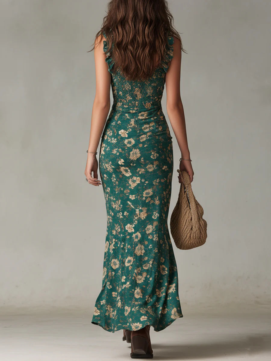Vestido Maxi Bohemio Estampado Verde con Mangas a volantes
