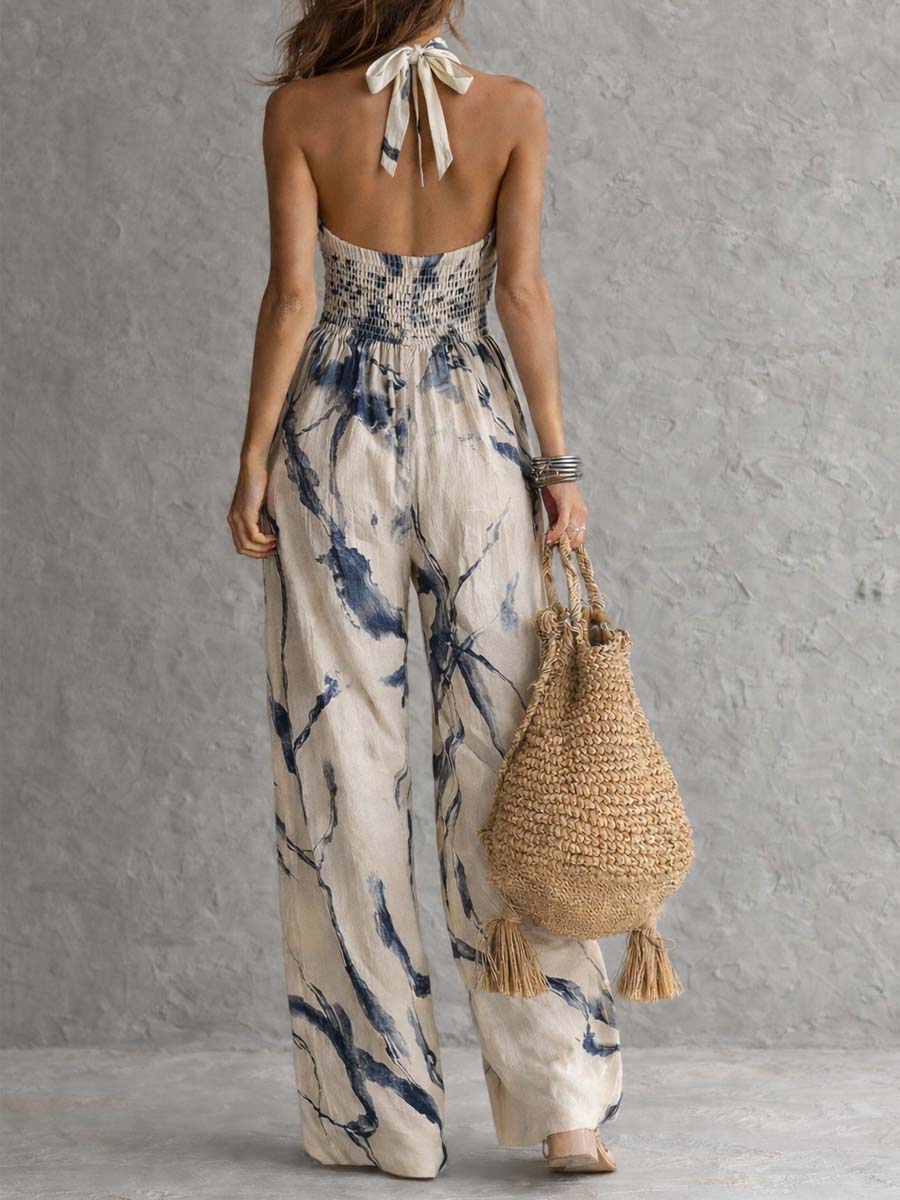 Mono Larga Beige a Estampado Acquerello con Cuello Halter y Tasche