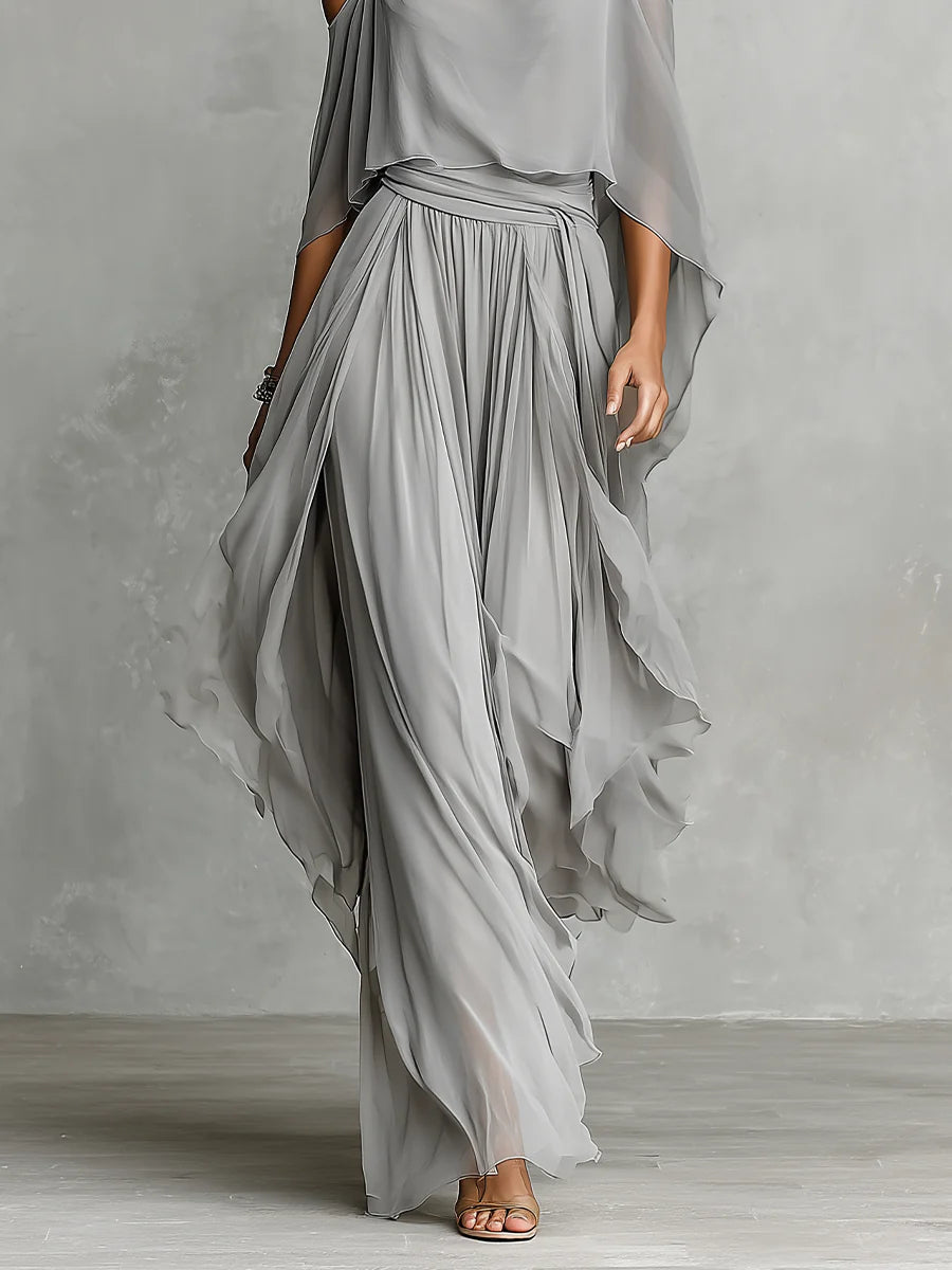 Conjunto Gris en Gasa con Canotta fluida a Hombros descubiertos y Pantalones