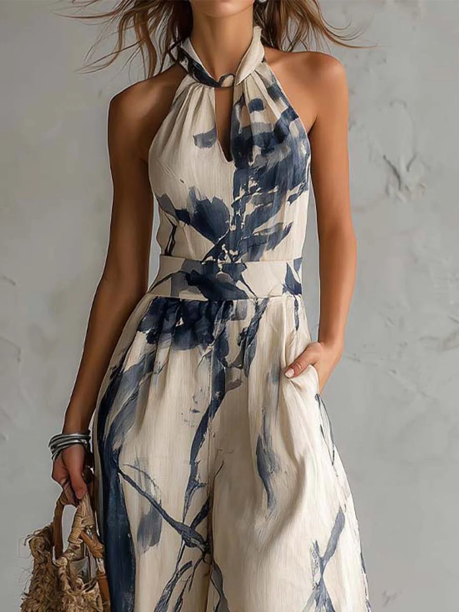 Mono Larga Beige a Estampado Acquerello con Cuello Halter y Tasche