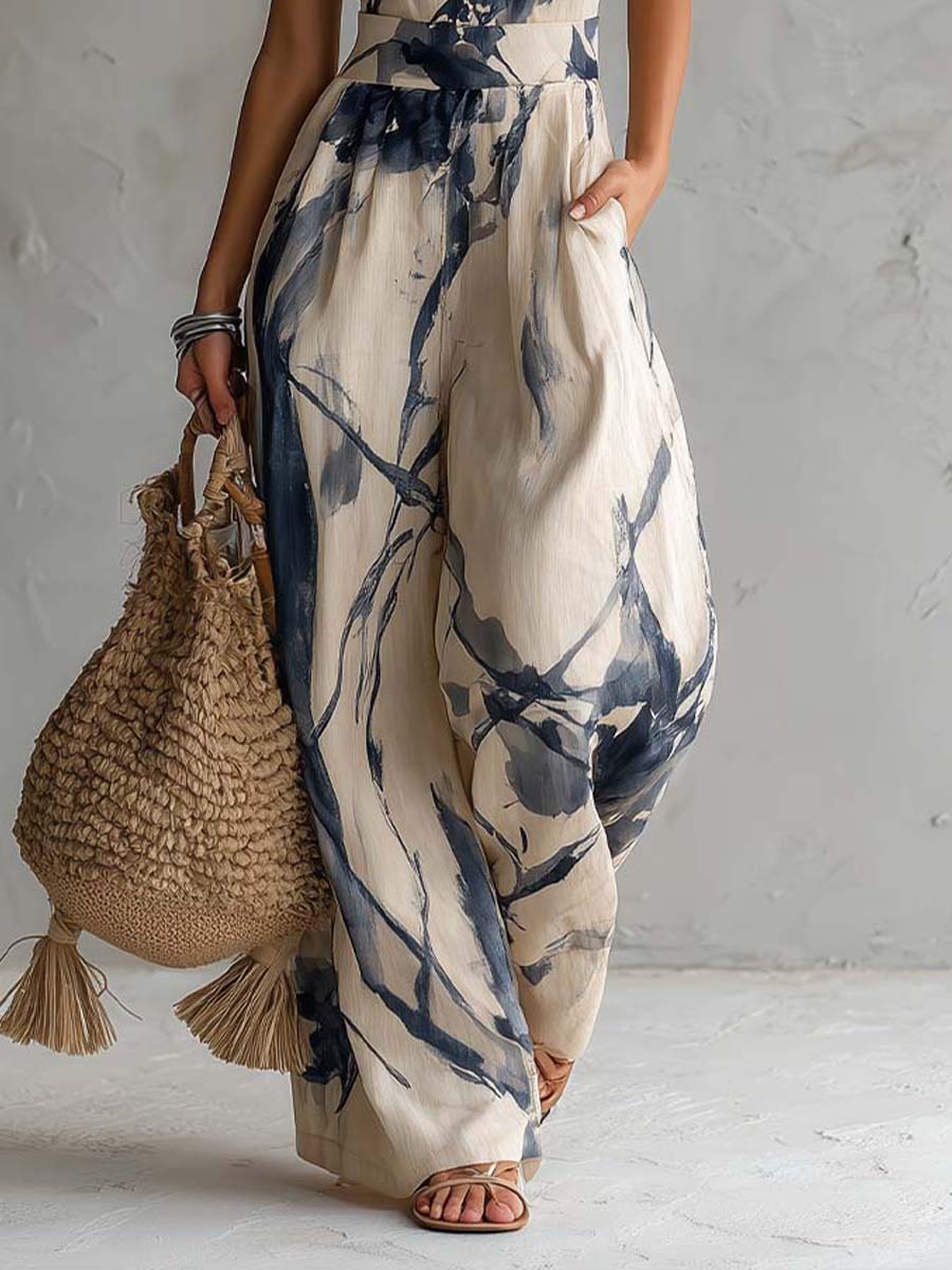 Mono Larga Beige a Estampado Acquerello con Cuello Halter y Tasche
