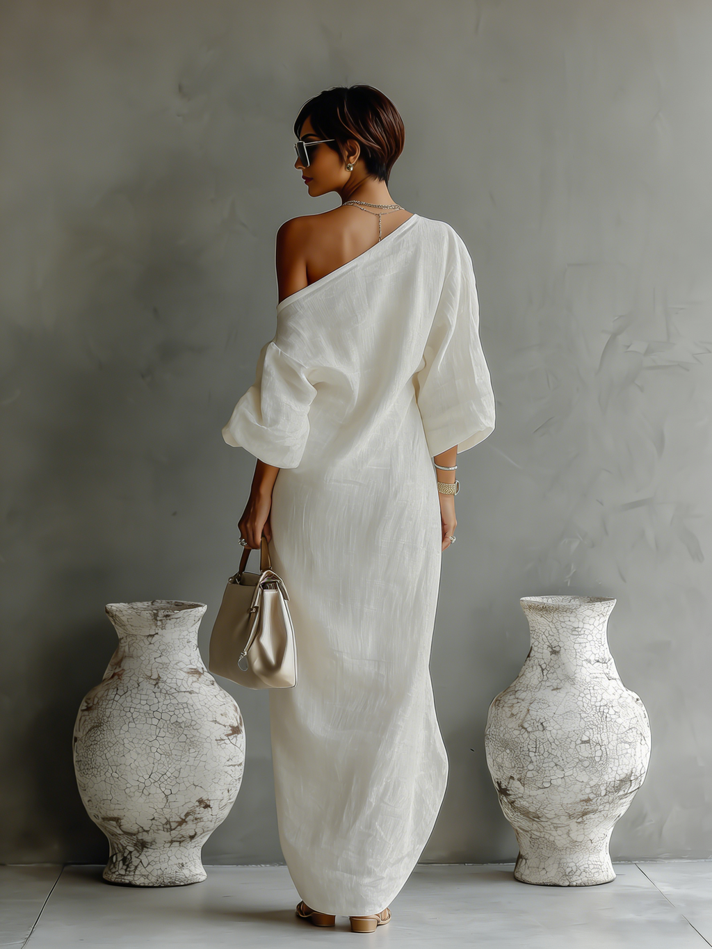 Elegante Vestido fluido Avorio con diseño a Hombros descubiertos