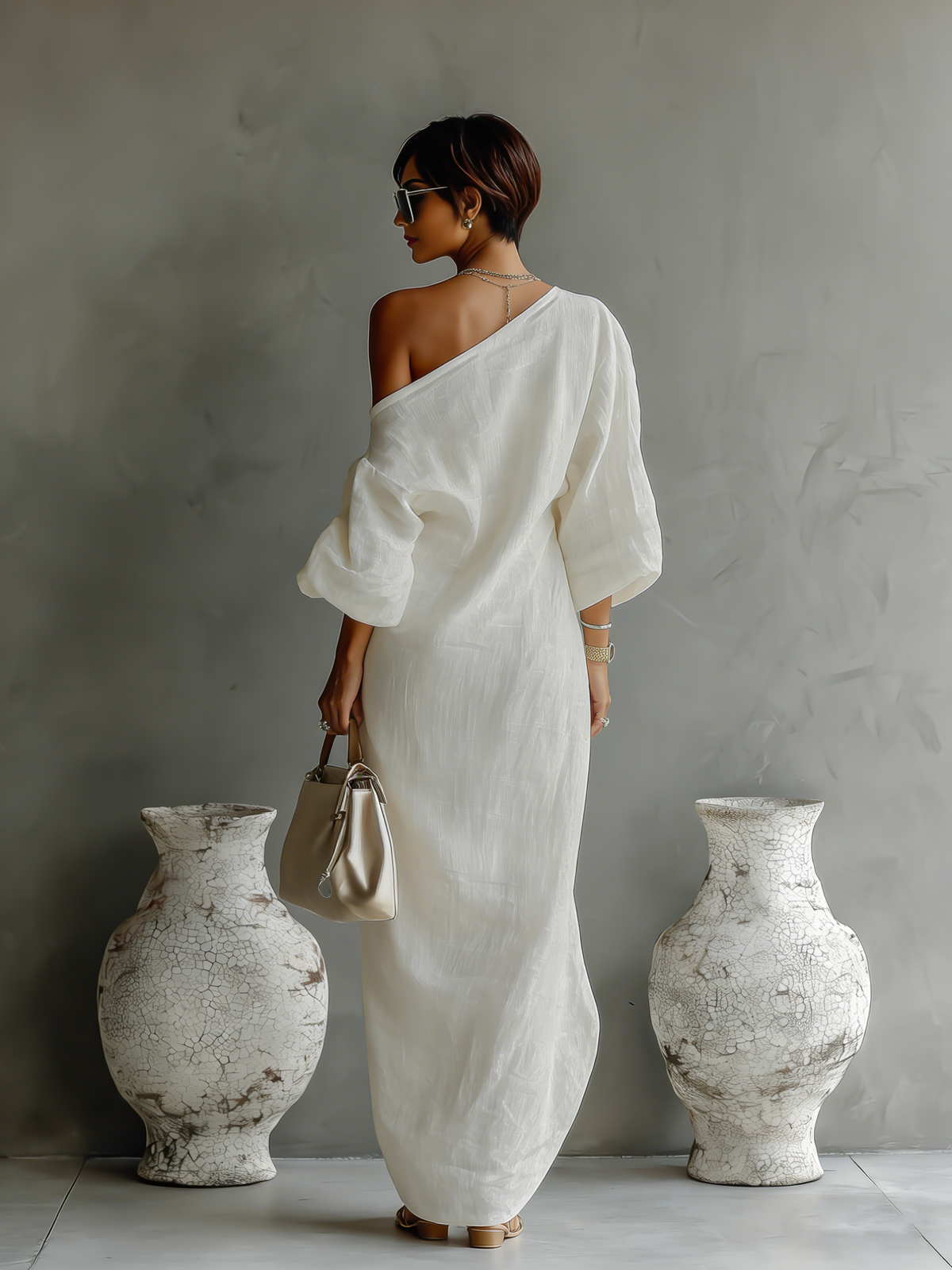 Elegante Vestido fluido Avorio con diseño a Hombros descubiertos