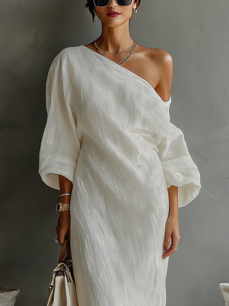 Elegante Vestido fluido Avorio con diseño a Hombros descubiertos