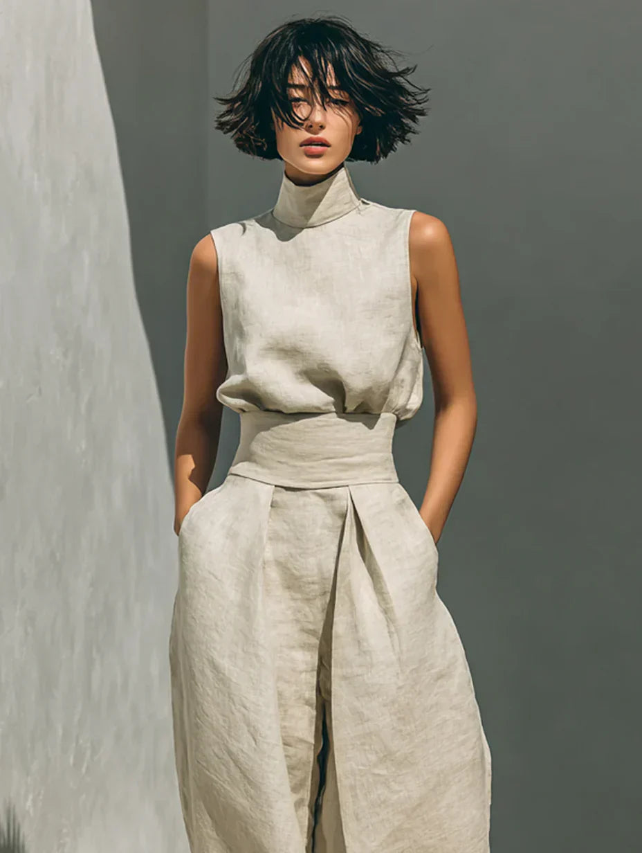 Flor | Conjunto minimalista de top y pantalón amplio de algodón y Lino