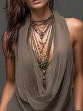 Top halter de punto de malla de doble capa en tonos tierra