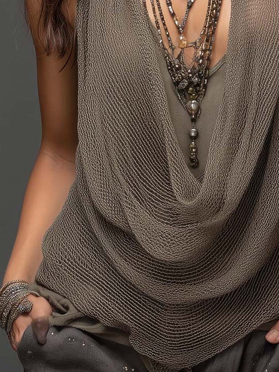 Top halter de punto de malla de doble capa en tonos tierra