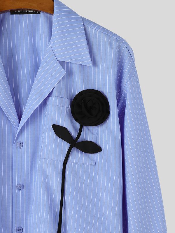 De hombre Romantic Avant-Garde 3D Rose Appliqué Deep V-Neck Cropped Pinstripe Camisa SKUL79631