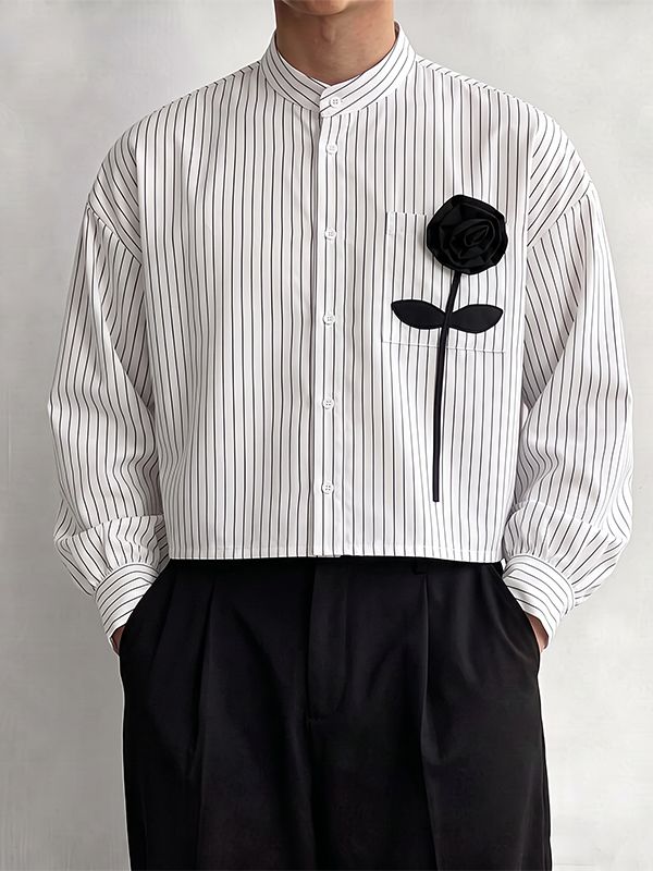 De hombre Romantic Avant-Garde 3D Rose Appliqué Cropped Pinstripe Mandarin Cuello Camisa SKUL79629