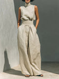 Flor | Conjunto minimalista de top y pantalón amplio de algodón y Lino