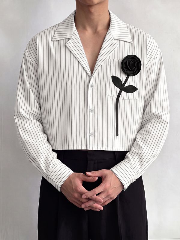 De hombre Romantic Avant-Garde 3D Rose Appliqué Deep V-Neck Cropped Pinstripe Camisa SKUL79631