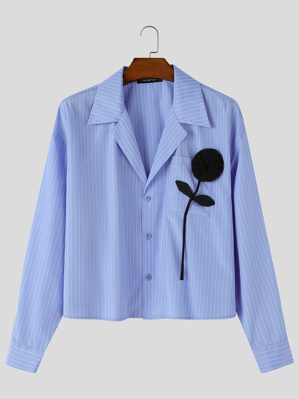 De hombre Romantic Avant-Garde 3D Rose Appliqué Deep V-Neck Cropped Pinstripe Camisa SKUL79631