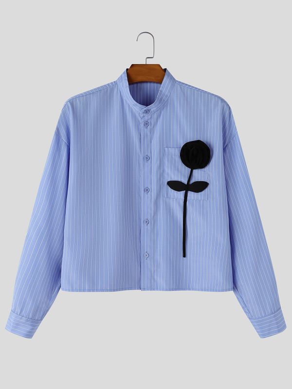 De hombre Romantic Avant-Garde 3D Rose Appliqué Cropped Pinstripe Mandarin Cuello Camisa SKUL79629