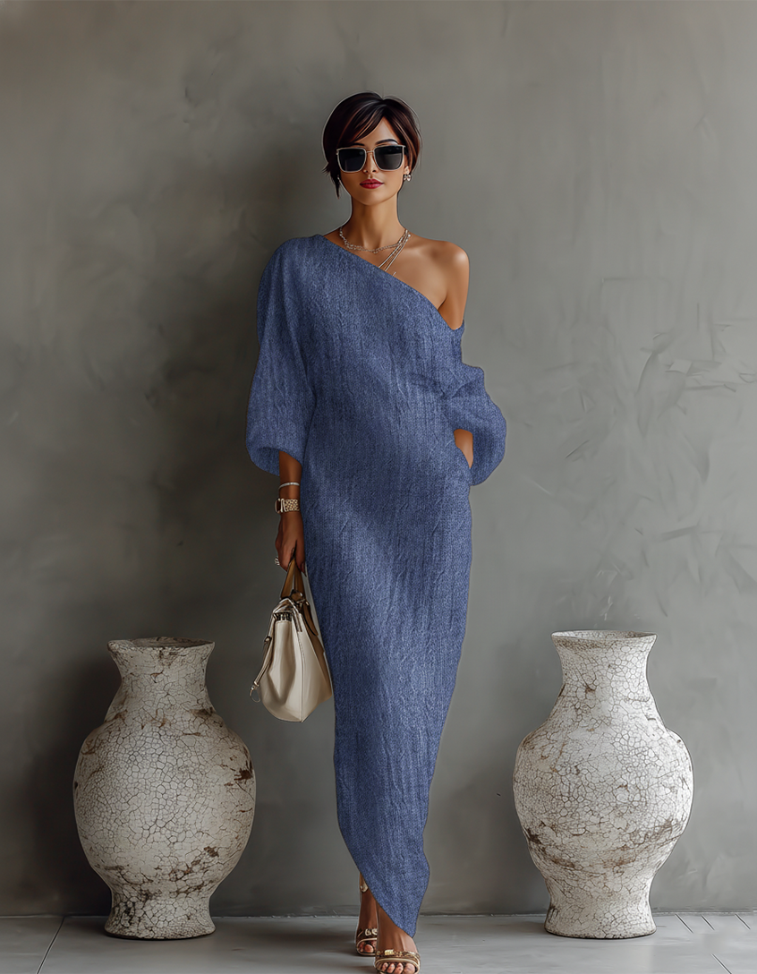 Elegante Vestido fluido Avorio con diseño a Hombros descubiertos