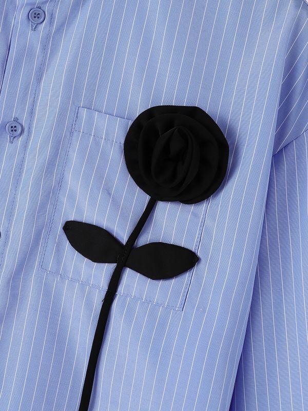 De hombre Romantic Avant-Garde 3D Rose Appliqué Cropped Pinstripe Mandarin Cuello Camisa SKUL79629