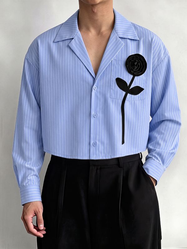 De hombre Romantic Avant-Garde 3D Rose Appliqué Deep V-Neck Cropped Pinstripe Camisa SKUL79631