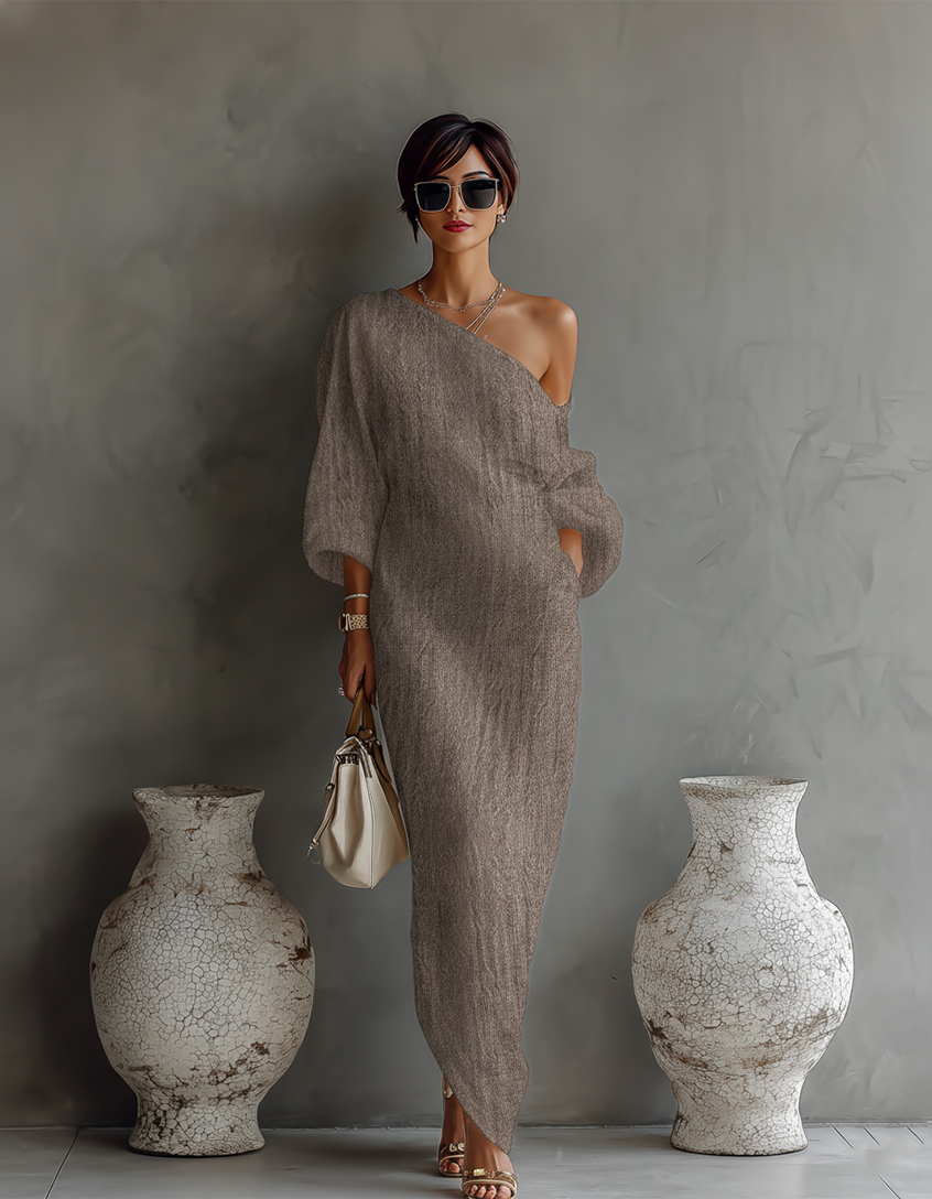 Elegante Vestido fluido Avorio con diseño a Hombros descubiertos