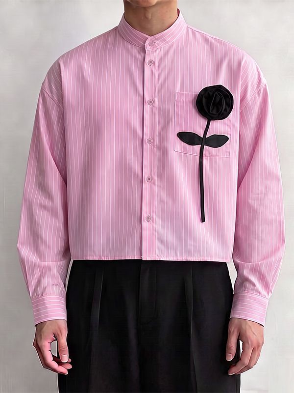 De hombre Romantic Avant-Garde 3D Rose Appliqué Cropped Pinstripe Mandarin Cuello Camisa SKUL79629