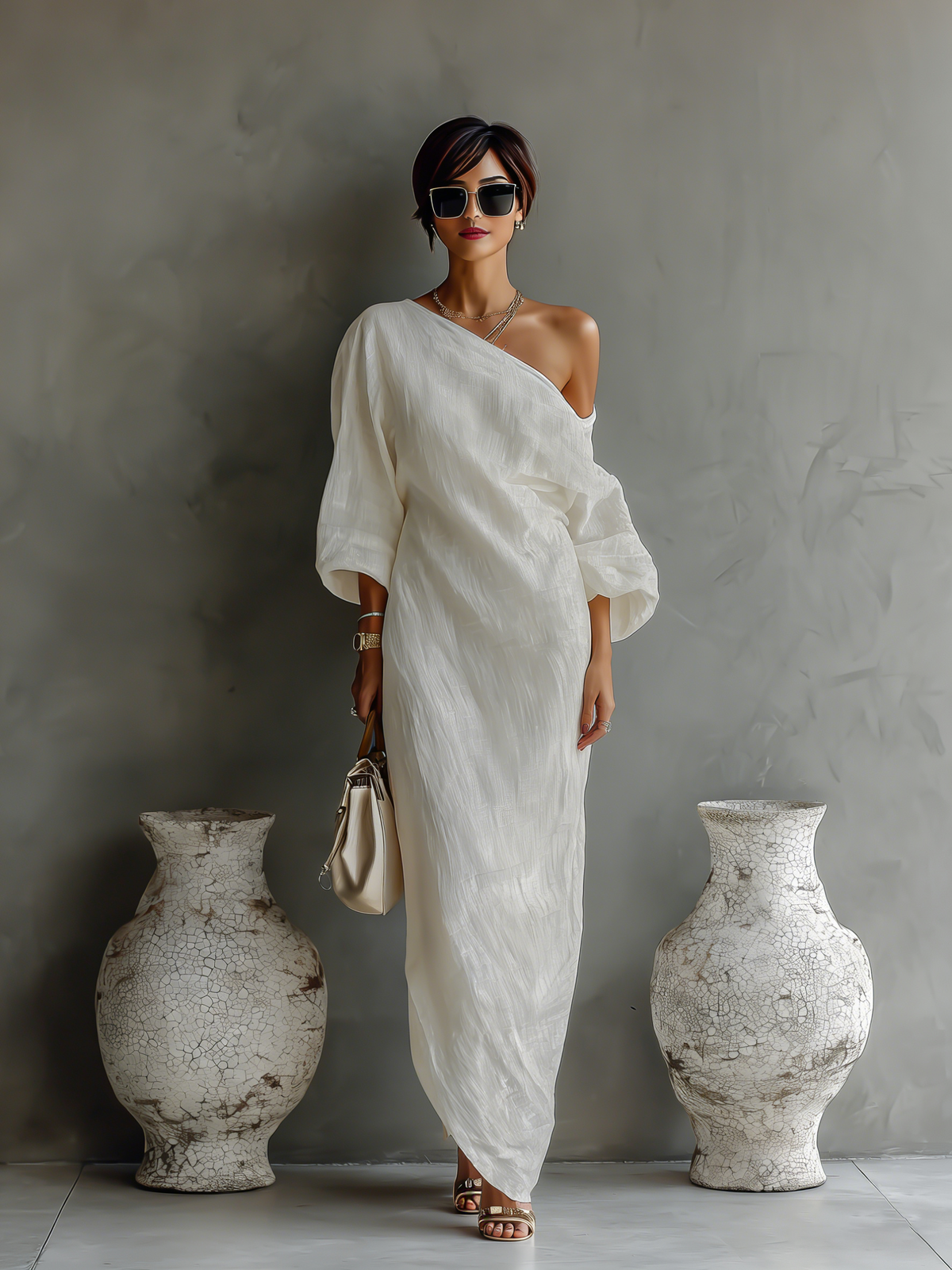 Elegante Vestido fluido Avorio con diseño a Hombros descubiertos