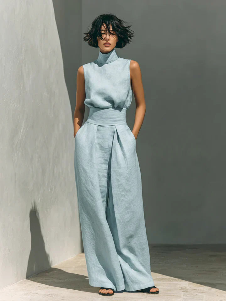 Flor | Conjunto minimalista de top y pantalón amplio de algodón y Lino