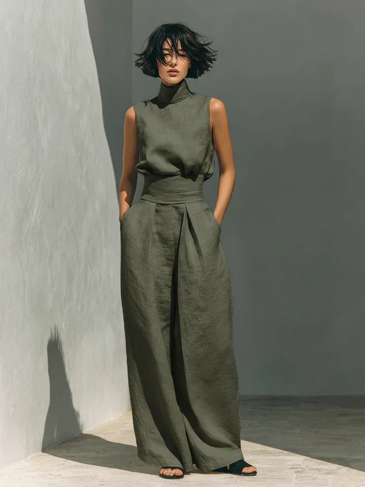 Flor | Conjunto minimalista de top y pantalón amplio de algodón y Lino