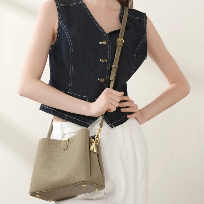 Clásico Dorado-Con detalles Piel auténtica Saco Bolso