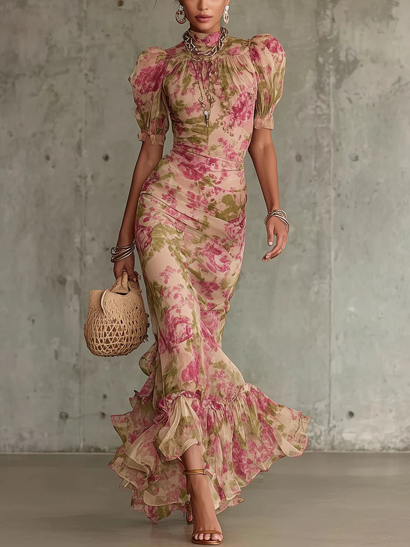 Vestido largo a Estampado Rose Vintage con Mangas a Sbuffo (Accesorios no incluidos)