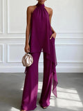 Conjunto Elegante Morado con Top Halter Sin mangas y Pantalones