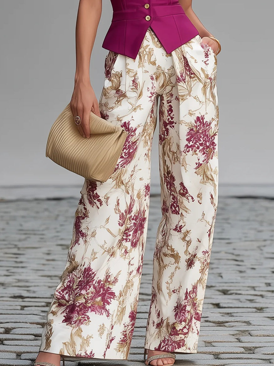 Conjunto Rosa empolvado Gilet Sin mangas y Pantalones Palazzo a Estampado floral