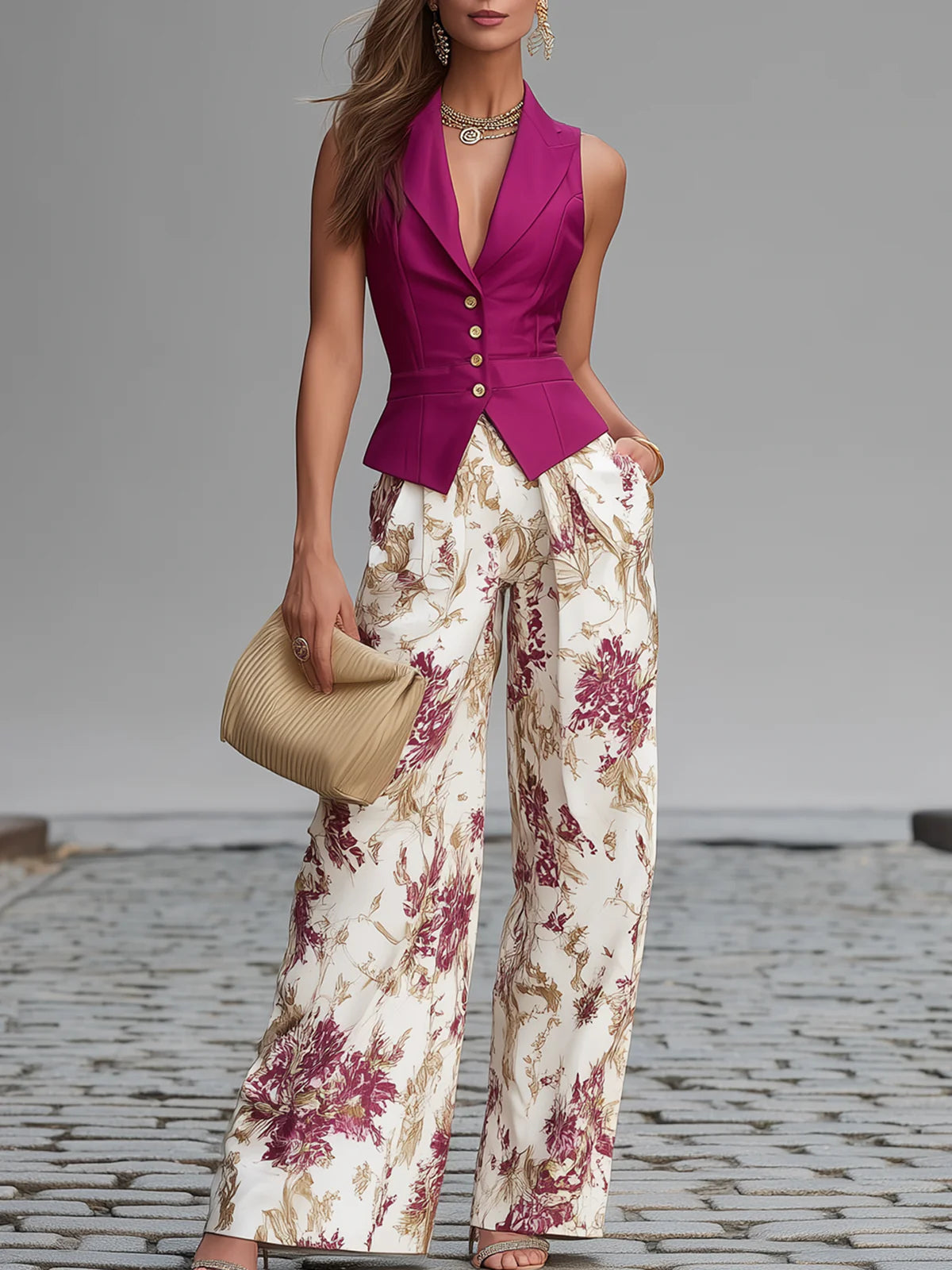 Conjunto Rosa empolvado Gilet Sin mangas y Pantalones Palazzo a Estampado floral
