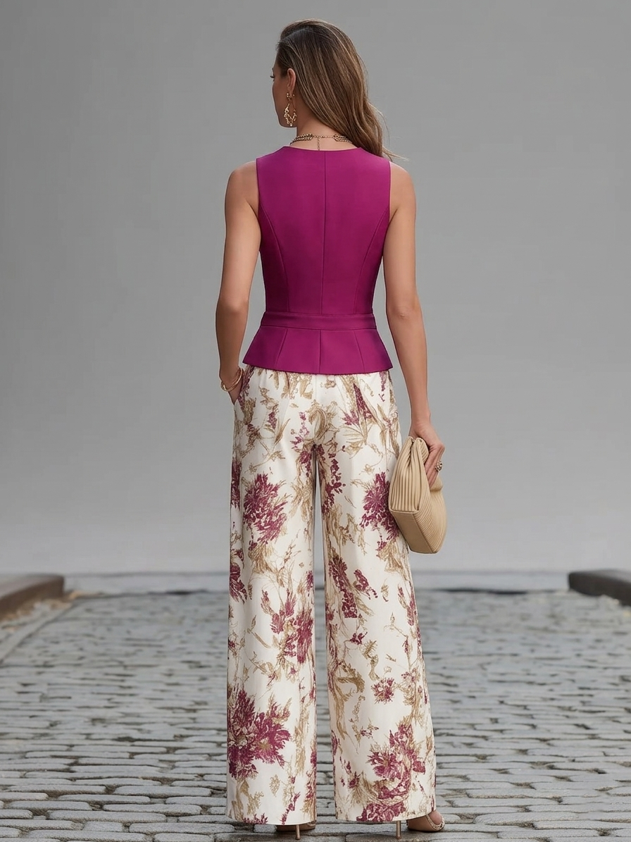 Conjunto Rosa empolvado Gilet Sin mangas y Pantalones Palazzo a Estampado floral