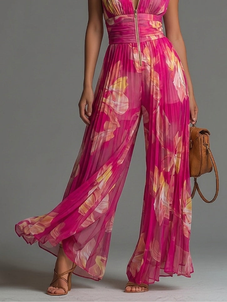 Mono Fucsia de gasa Estampado floral Sin mangas con cremallera y Pierna amplia plisada