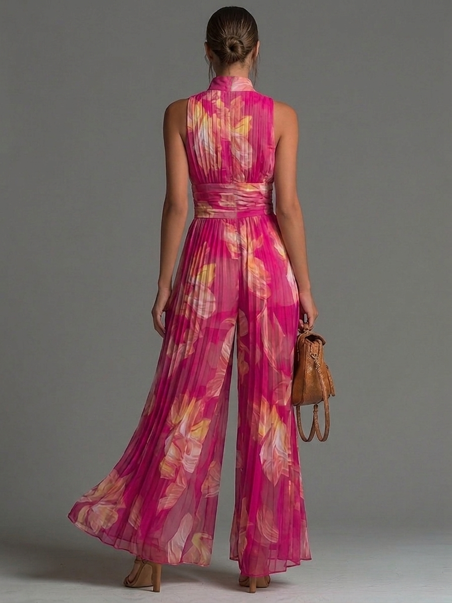 Mono Fucsia de gasa Estampado floral Sin mangas con cremallera y Pierna amplia plisada