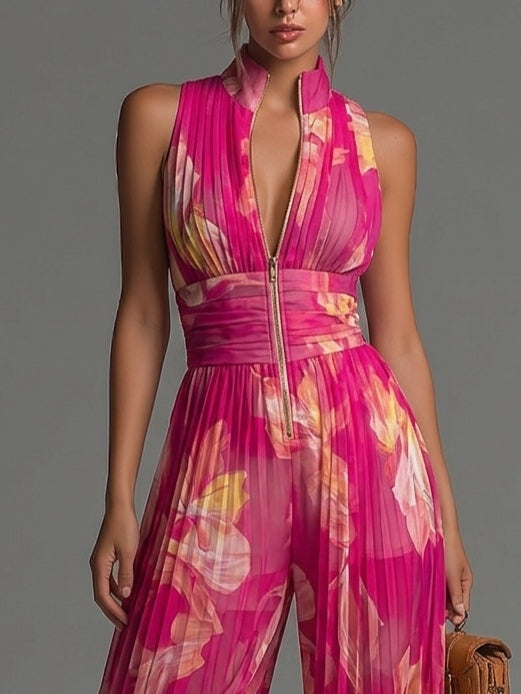 Mono Fucsia de gasa Estampado floral Sin mangas con cremallera y Pierna amplia plisada