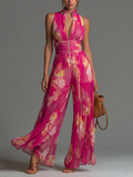 Mono Fucsia de gasa Estampado floral Sin mangas con cremallera y Pierna amplia plisada