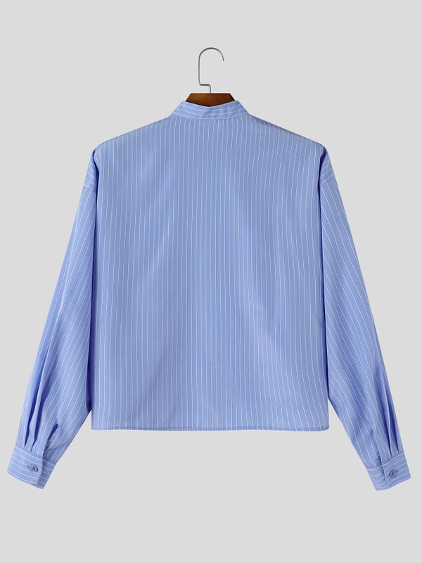 De hombre Romantic Avant-Garde 3D Rose Appliqué Cropped Pinstripe Mandarin Cuello Camisa SKUL79629