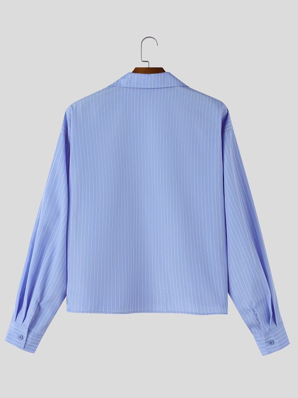 De hombre Romantic Avant-Garde 3D Rose Appliqué Deep V-Neck Cropped Pinstripe Camisa SKUL79631