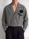 De hombre Romantic Avant-Garde 3D Rose Appliqué Deep V-Neck Cropped Pinstripe Camisa SKUL79631
