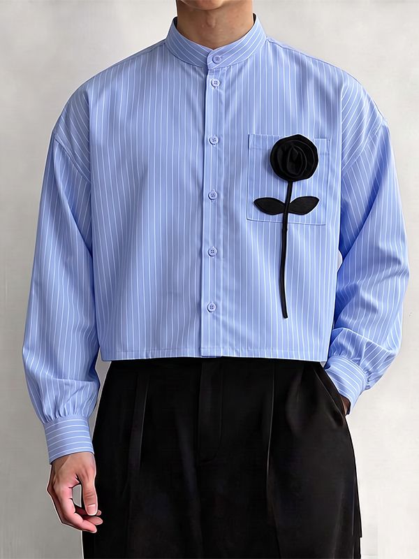 De hombre Romantic Avant-Garde 3D Rose Appliqué Cropped Pinstripe Mandarin Cuello Camisa SKUL79629