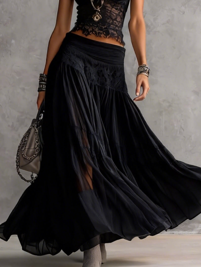 Conjunto Negro Top en Encaje Semitrasparente y Falda Maxi plisada
