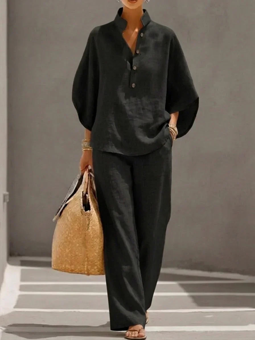 Maribel | Conjunto de dos piezas en Lino con Mangas a Pipistrello y Pantalones anchos