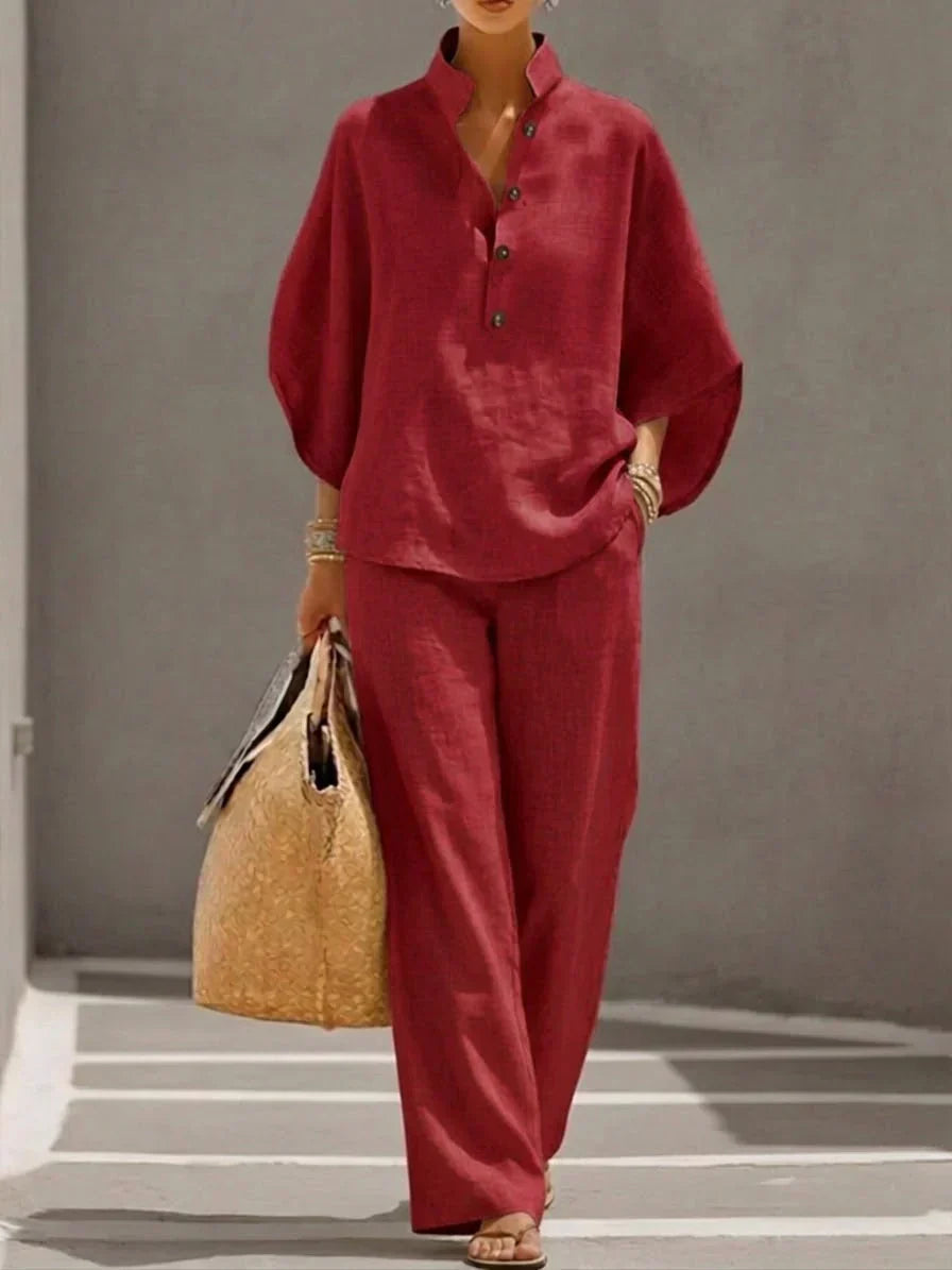 Maribel | Conjunto de dos piezas en Lino con Mangas a Pipistrello y Pantalones anchos
