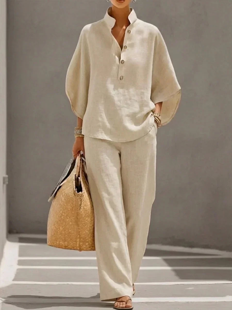Maribel | Conjunto de dos piezas en Lino con Mangas a Pipistrello y Pantalones anchos